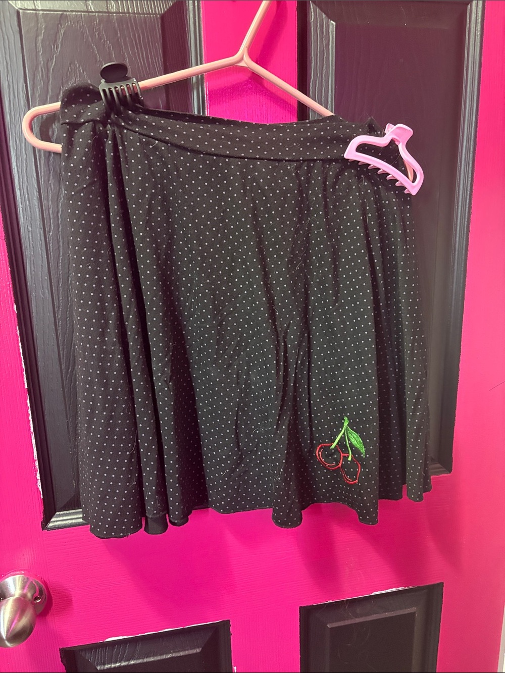 Black Polka Dot Swing Skirt with Cherry Embroidery